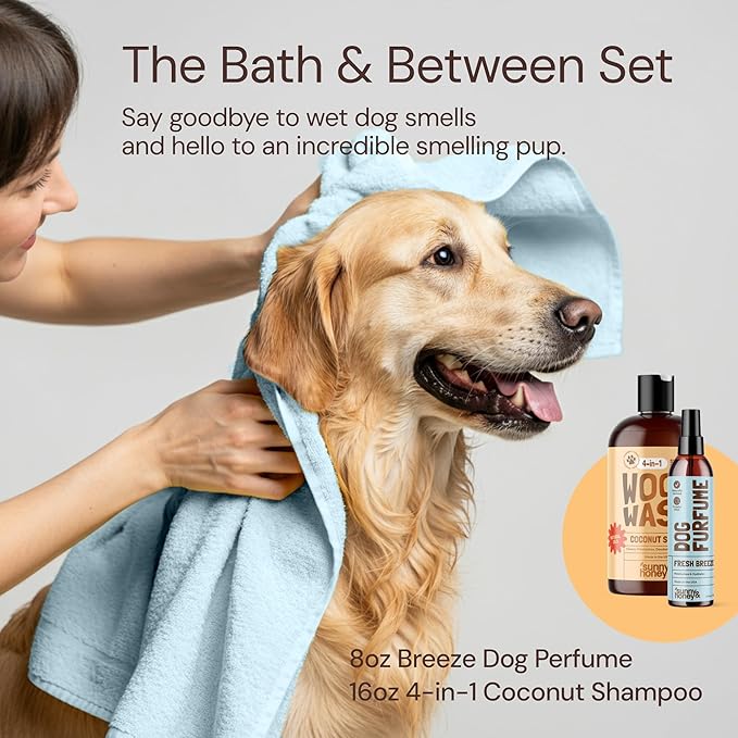 Sunny & Honey 4-in-1 Dog Shampoo and Conditioner & Perfume Spray Bundle - Moisturizing Body Wash - Detangling Spray Deodorizer (Coconut Woof Wash 16oz, Breeze Perfume 8oz)