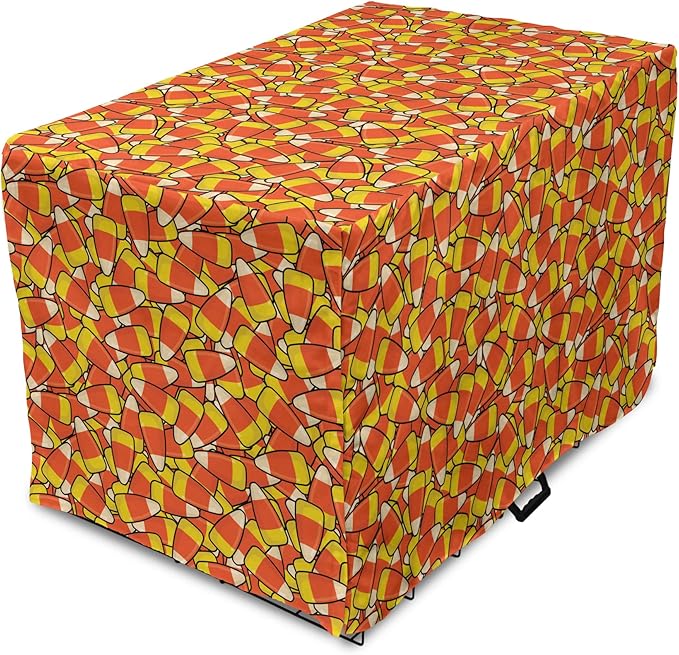 Lunarable Candy Corn Dog Crate Cover, Continuous Illustration of Cartoon Style Traditional Halloween Items, Easy to Use Pet Kennel Cover for Medium Large Dogs, 48 Inch, Vermilion Mustard