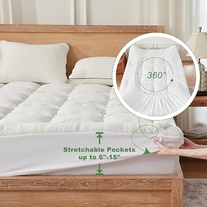 BEDLORE Twin XL Mattress Topper Viscose Derived from Bamboo, Thick Pillow Top Mattress Pad with Deep Pockets for 6-15 inches Mattress, Soft Mattress Topper College Dorm Size for Back Pain Relief