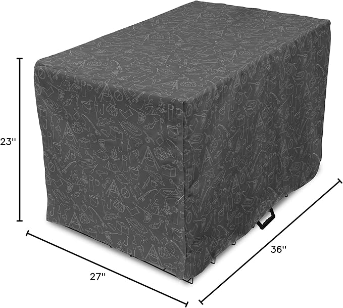 Ambesonne Fishing Theme Dog Crate Cover, Monochrome Illustration with Hand Drawing Angling and Camping Objects, Easy to Use Pet Kennel Cover for Medium Large Dogs, 36 Inch, White and Grey