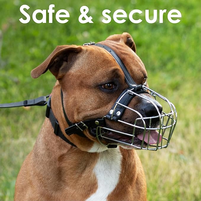 BRONZEDOG Pitbull Dog Muzzle Metal Mask Amstaff Wire Basket Pit Bull Adjustable Leather Straps for Large Dogs (Brown)