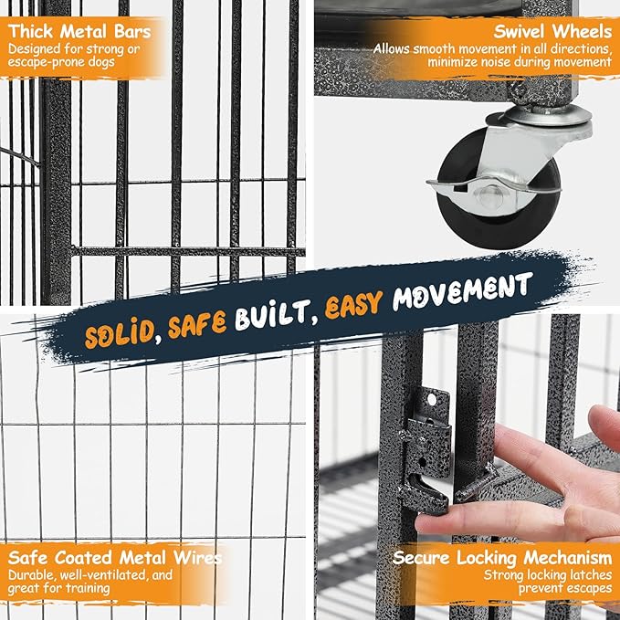 37 Inch Dog Crates for Small Medium Dogs Pets Indoor, Indestructible Enhanced Cage Kennel with 3 Doors, Lockable Wheels and Removable Tray, Heavy Duty Escape Proof Carrier, 37 x 25 x 33 Inch