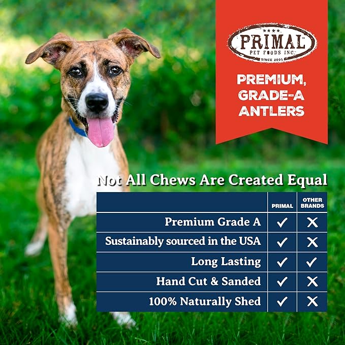 Primal Antlers for Dogs - Grade A Split Stag Antlers for Large Dogs 45-60 lb - Natural Dog Chews for Aggressive Chewers - Naturally Shed Antlers - Long Lasting Dog Bones - 1 ct
