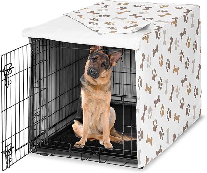 Sweet Jojo Designs Bone Paw Print Dog Crate Cover – Kennel Covers for 48 Inch Pet Cage Large - Neutral Grey Taupe Brown Modern Off White Gray Tan Puppy