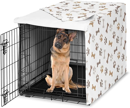 Sweet Jojo Designs Bone Paw Print Dog Crate Cover – Kennel Covers for 48 Inch Pet Cage Large - Neutral Grey Taupe Brown Modern Off White Gray Tan Puppy