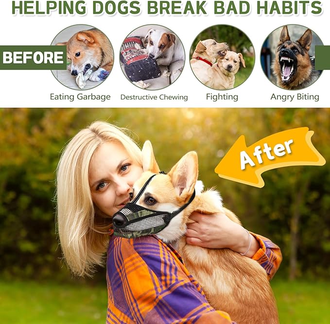 Dog Muzzle for Large Medium Small Dogs, Soft Mesh Muzzle for Dogs with Reflective Adjustable Strap, Prevent Biting Chewing and Licking, Dog Nose Open Design for Reduction Friction (Camo, S)