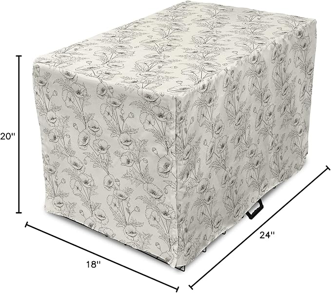 Ambesonne Botanical Dog Crate Cover, Floral Theme Poppy Flowers and Buds Pattern Doodle Style Garden Leaf Motifs, Easy to Use Pet Kennel Cover for Cats & Medium Dogs, 24 Inch, Dark Brown White