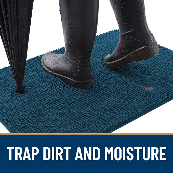 OLANLY Dog Door Mat for Muddy Paws 30x20, Absorbs Moisture and Dirt, Absorbent Non-Slip Washable Mat, Quick Dry Chenille, Mud Mat for Dogs, Entry Indoor Door Mat for Inside Floor, Atlantic Blue