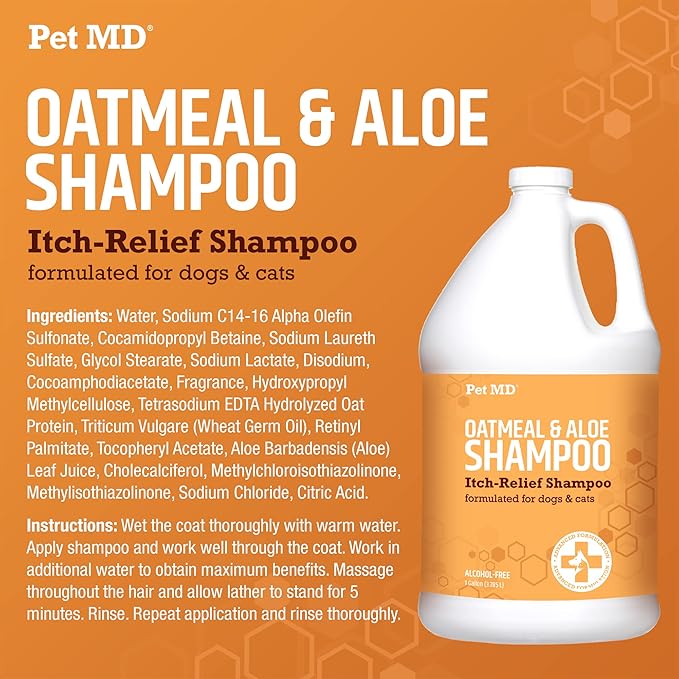 Pet MD Oatmeal & Aloe Shampoo for Dogs and Cats - Nourishing Anti Itch for Sensitive Dry Skin & Flaking - Professional Grooming & Moisturizing Dog Shampoo Gallon
