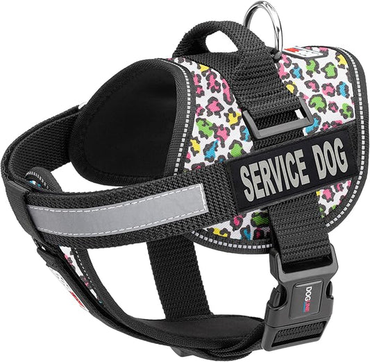 Dogline Unimax Dog Harness Vest with Service Dog Patch Reflective No-Pull, Adjustable Straps, Breathable Neoprene for Medical, Service, Identification, Training Dogs Girth 22 to 30" Leopard Multicolor
