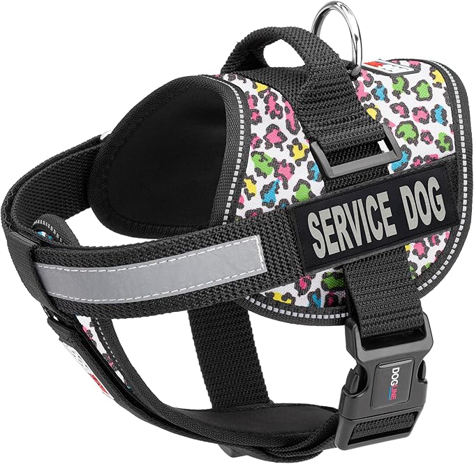 Dogline Unimax Dog Harness Vest with Service Dog Patch Reflective No-Pull, Adjustable Straps, Breathable Neoprene for Medical, Service, Identification, Training Dogs Girth 28 to 38" Leopard Multicolor
