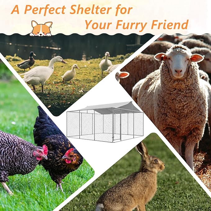 Outdoor Dog Enclosure Heavy Duty Dog Kennel House Mesh Outside Galvanized Chain Link Dog Run with Roof,Dog Cage Large Dogs Dog Pen Pet Kennel W/Waterproof Anti-UV Cover&Secure Lock for Large Dog