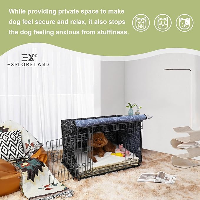 Explore Land Pattern Dog Crate Cover for 30 Inches Wire Cage, Heavy-Duty Polyester 1 2 3 Doors Standard Metal Pet Kennel Enclosure (Brief Polygonal)