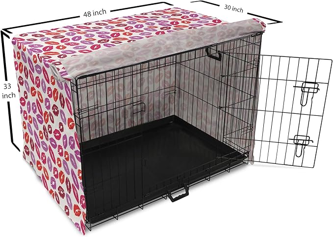 Lunarable Kiss Dog Crate Cover, Fun Colorful Design Lipsticks Kisses Fashion Illustration Print Artwork, Easy to Use Pet Kennel Cover for Medium Large Dogs, 48 Inch, Fuchsia and Raspberry