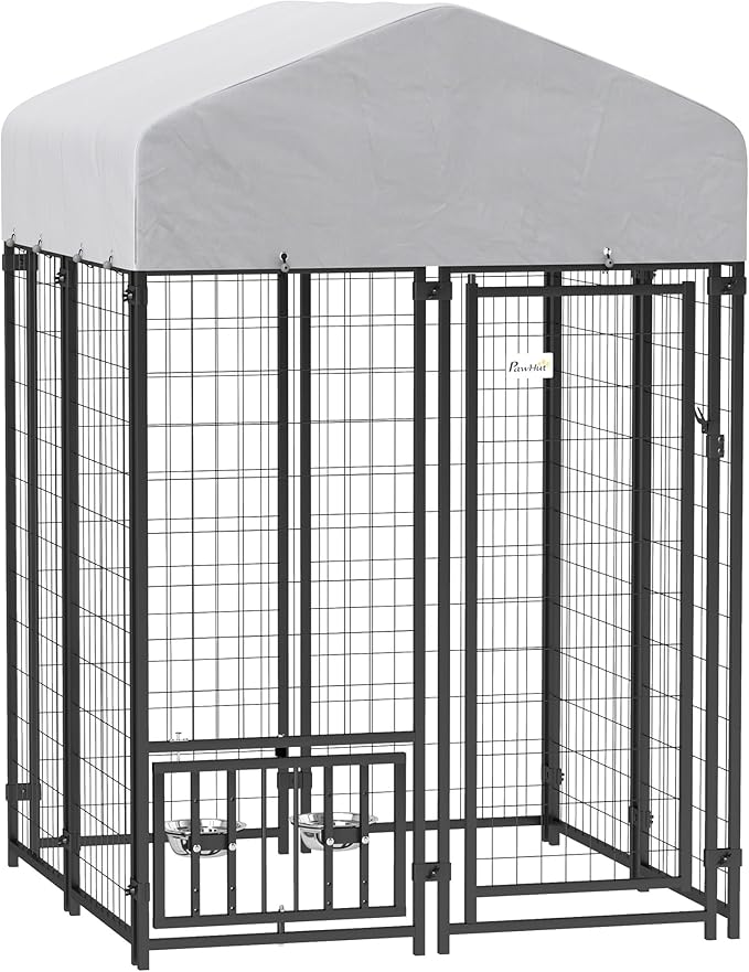 PawHut 3.9' x 3.9' x 6' Outdoor Dog Kennel, Welded Wire Heavy Duty Dog Run with 360° Rotating & 4 Level Adjustable Bowls, Dog Kennel Outside with Waterproof & UV Resistant Cover, for S&M Dogs