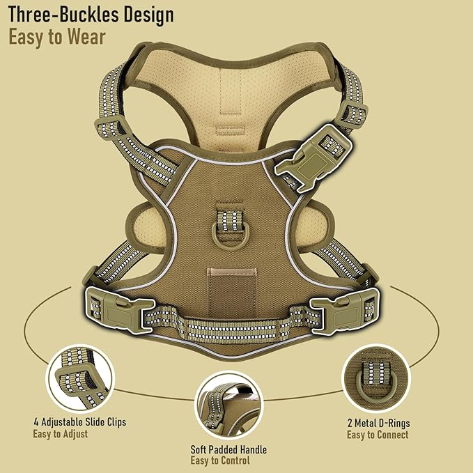 Non Pulling Dog Harness for Medium Dogs, Adjustable Reflective Harness Vest with Handle, for Working Training Hiking Walking, Escape Proof Army Green Pet Vest for M Sized Dog