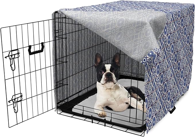 Lunarable Geometric Dog Crate Cover, Azulejo Tile Motifs Portuguese Ceramic Pattern European Art, Easy to Use Pet Kennel Cover for Small Dogs Puppies Kittens, 22 Inch, Burnt Sienna Royal Blue