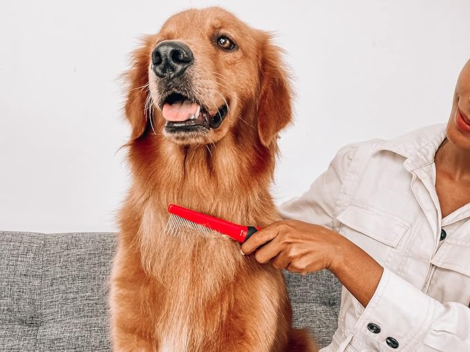 Tuff Pupper Dual Length Detangling Dog Comb | Short and Long Teeth Outer & Inner Coat | Ergonomic Pet Detangling Combs | No-Slip Safety Handle For Precision Control | Rounded Tips Prevent Scratching