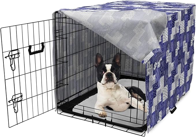 Lunarable Geometric Dog Crate Cover, Eastern Inspirations Canonical Paisley and Floral Composition Squares, Easy to Use Pet Kennel Cover for Small Dogs Puppies Kittens, 22 Inch, Dark Blue Cobalt Blue