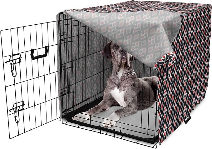 Lunarable Casino Dog Crate Cover, with Geometrical Design and Mosaic Composition Gamblers Club, Easy to Use Pet Kennel Cover for Medium Large Dogs, 48 Inch, Black Red Grey