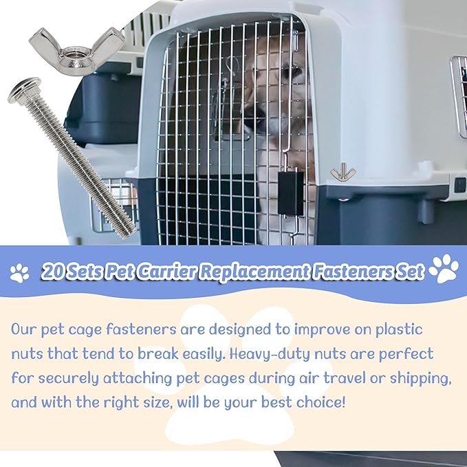 20 Sets Pet Carrier Replacement Fasteners - Heavy Duty Stainless Steel Bolts and Nuts for Kennel - Dog and Cat Replacement Parts, M650-W