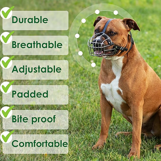 BRONZEDOG Pitbull Dog Muzzle Metal Mask Amstaff Wire Basket Pit Bull Adjustable Leather Straps for Large Dogs (Graphite Metal)