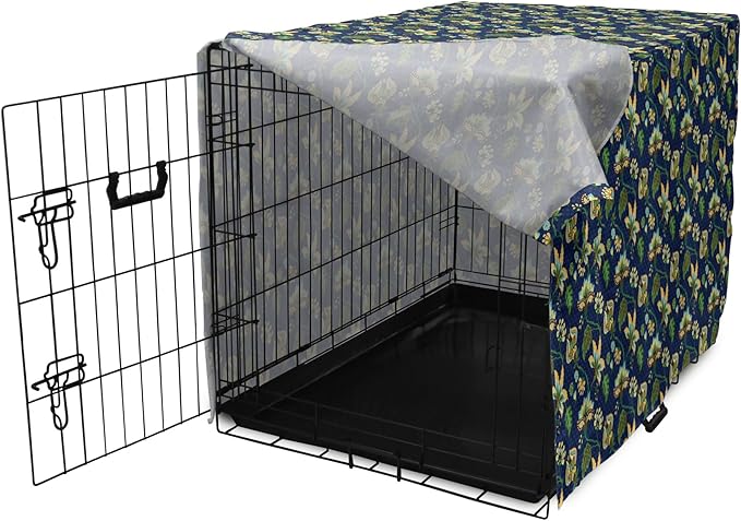 Lunarable Jacobean Dog Crate Cover, Triangles with Floral Pattern Stalks Leaves Flowers Whimsical Nature, Easy to Use Pet Kennel Cover for Medium Large Dogs, 42 Inch, Dark Blue Green Mustard