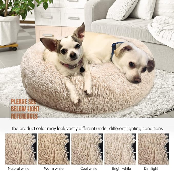Small Dog Bed Calming Dogs Bed for Small Medium Large Dogs Anti-Anxiety Puppy Bed Machine Washable Warming Cozy Soft Pet Round Bed Fits up to 10-100 lbs (Medium (Pack of 1), Beige)