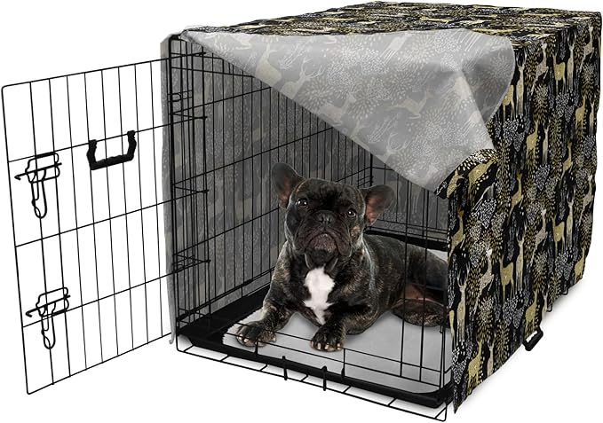 Ambesonne Christmas Dog Crate Cover, Nature Woodland and Deer Silhouettes with Oriental Ornaments Design, Easy to Use Pet Kennel Cover for Cats & Medium Dogs, 24 Inch, Yellow White Black