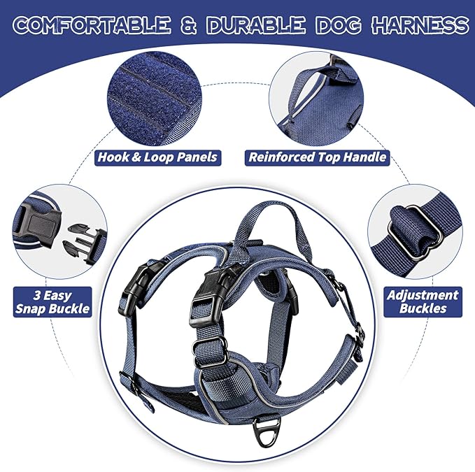 Dog Harness, No Pull Pet Harness No-Choke with 2 Metal Rings 3 Buckles Reflective Adjustable Soft Padded Pet Vest with Easy Control Handle for Small Medium Large Dogs (Small, Blue)