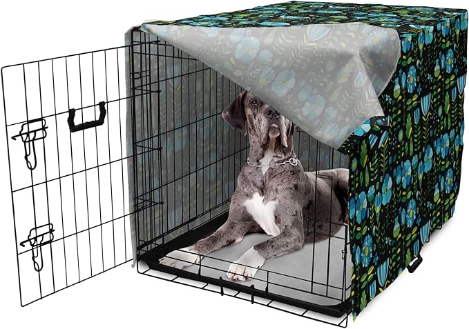 Lunarable Floral Dog Crate Cover, Abstract Flower Bouquets Dragonflies Ladybugs Butterflies on Dark, Easy to Use Pet Kennel Cover for Medium Large Dogs, 48 Inch, Blue Green and Charcoal Grey