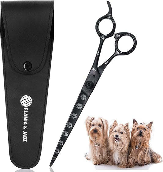 Professional Dog Grooming Scissors/Shears, Straight, with Paw Prints for Dogs, Cats & Pets (Right Handed, Black, Stainless Steel 8 Inch)