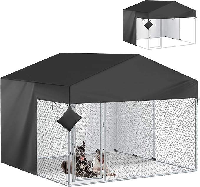 Outdoor Dog Kennel Cover Half Coverage for 10x10FT 600D Heavy Duty Waterproof Kennel Covers for Dog Cages(Cover Only) Black
