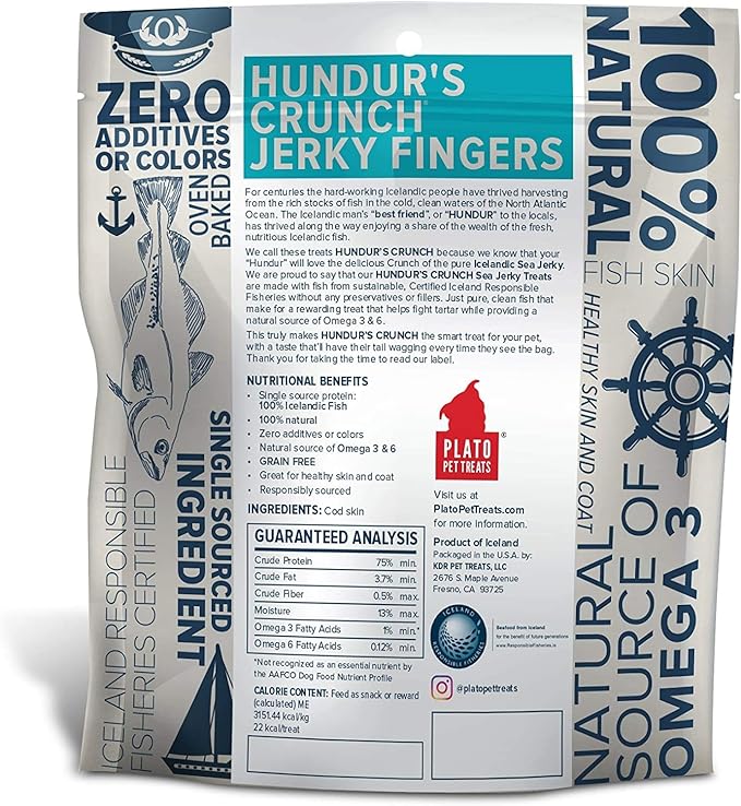 PLATO 3 Pack of Hundur's Crunch Single Ingredient Cod Skin Dog Treats, 10 Ounces Each
