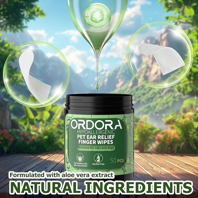 ORDORA PET Ear Finger Wipes for Dogs & Cats -50 Pcs - Gently Remove Ear Wax, Debris - Sooths & Deodorizes - Relieve Ear Itching & Inflammation