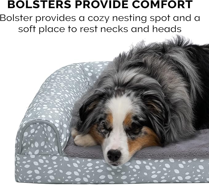 Furhaven Orthopedic Dog Bed for Large Dogs w/ Removable Bolsters & Washable Cover, For Dogs Up to 125 lbs - Plush & Almond Print L Shaped Chaise - Gray Almonds, Jumbo Plus/XXL