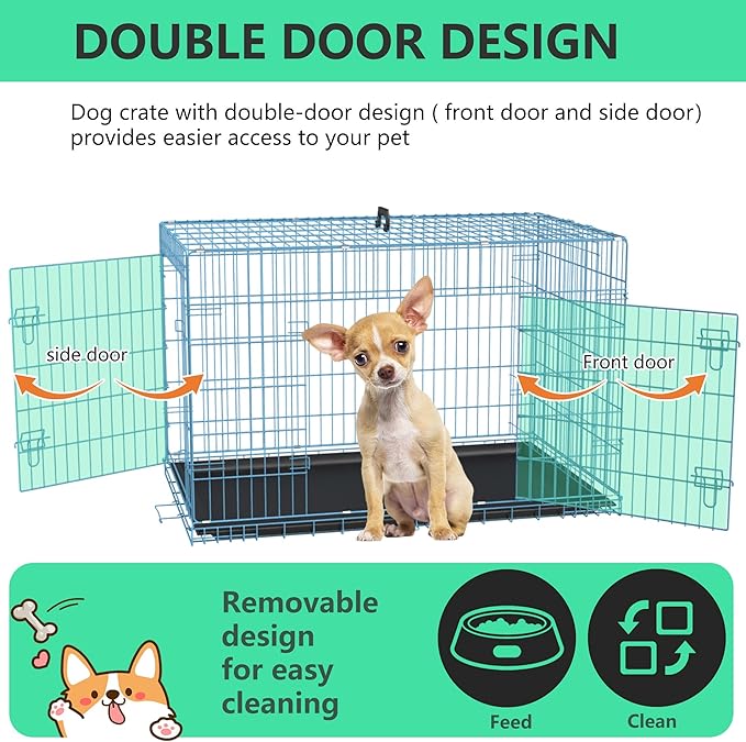 FDW 24 inch Dog Crate Dog Kennel Cage with Double Door Folding Metal Wire Dog Cage with Removable Tray&Divider Panel,Pet Crate for Small Dogs,Blue