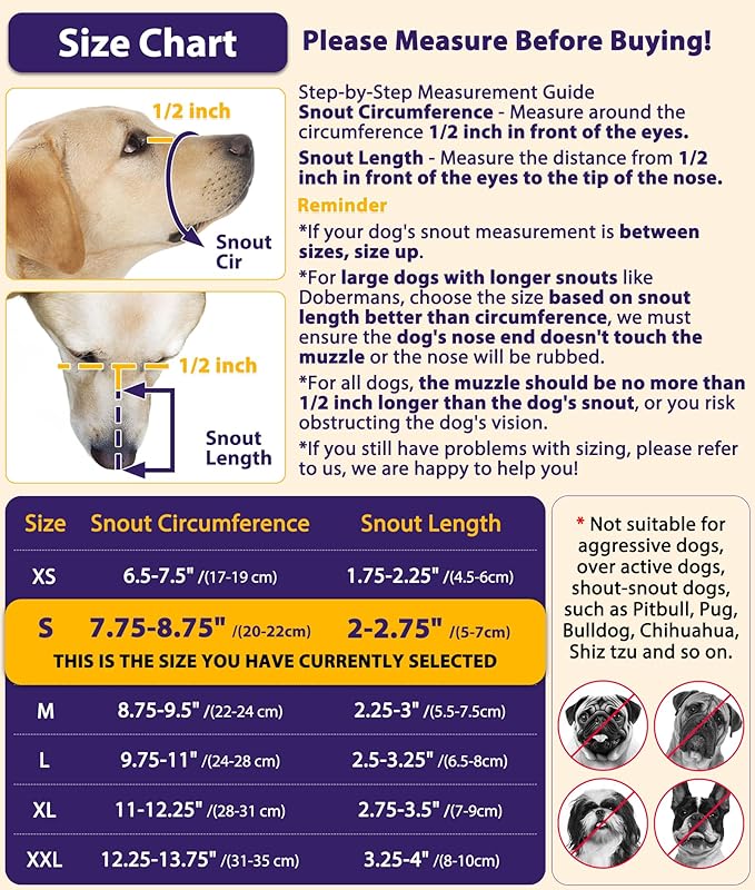 LUCKYPAW Dog Muzzle, Mesh Muzzle for Large Medium Small Dogs with Front Opening Design, Dog Mouth Cover to Prevent Biting, Licking, Chewing, Scavenging, Allows Drinking Panting(Purple,S)