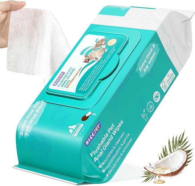 HICC PET Wipes for Dogs & Cats, Cleansing Deodorizing & Soothing Allergy Infections Anal Gland Pets Wipes with Coconut Oil - Dog Grooming Wipes for Butt and Paw - Hypoallergenic & Vet Recommended
