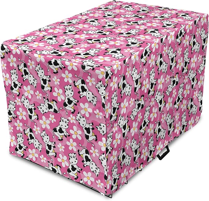 Lunarable Cow Dog Crate Cover, Cartoon Pattern Domestic Farm Animal and Daisy Flowers, Easy to Use Pet Kennel Cover for Medium Large Dogs, 36 Inch, Pink Charcoal Grey