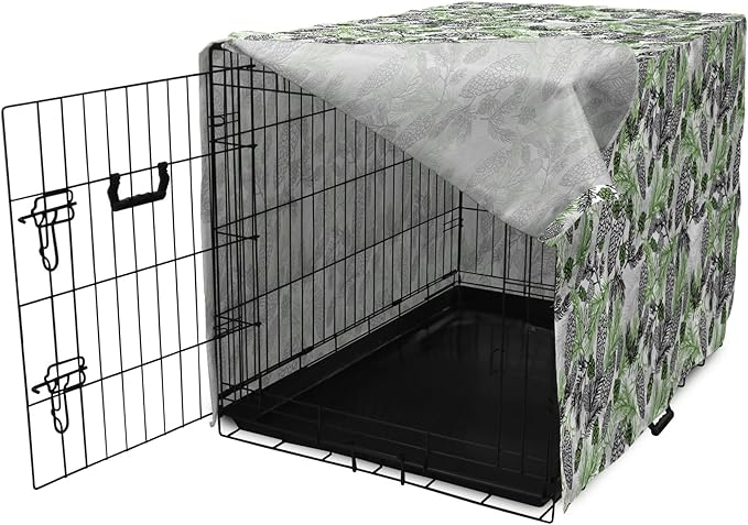 Lunarable Green Xmas Dog Crate Cover, Pine Cones and Holiday Theme Plants Fir Tree Motifs Print, Easy to Use Pet Kennel Cover for Medium Large Dogs, 36 Inch, White Fern Green
