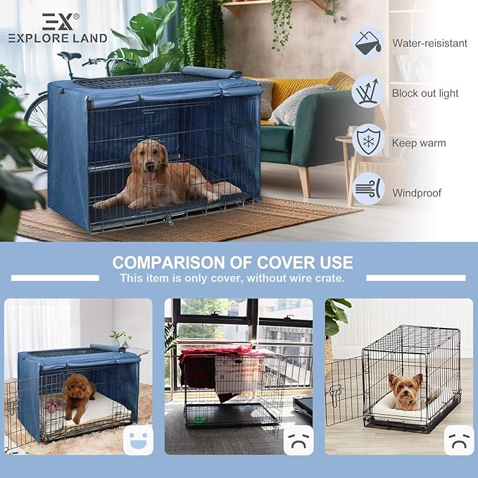 Explore Land Dog Crate Cover for 24 Inches Wire Cage, Heavy-Duty Lattice Pet Kennel Enclosure Compatible with 1 2 3 Doors Standard Metal Cage (Blue)