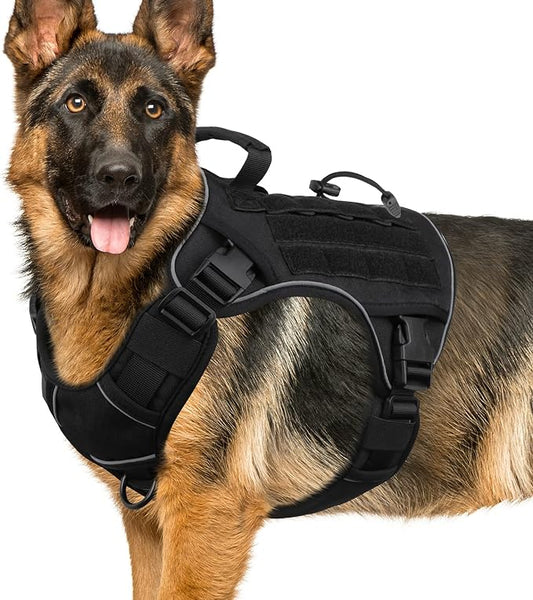 WINGOIN Black Tactical Dog Harness for Large Dogs No Pull Adjustable Reflective Military Pet Harness with Easy Control Handle with Hook & Loop Panels for Walking Hiking Training(XL)