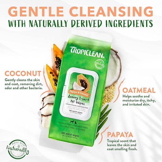 TropiClean Dog Wipes for Paws, Butt, Face, and Body, Anytime Cleaning and Deodorizing Pet Wipes, Safe for Licking, Papaya Scent, Cat Safe, 100ct