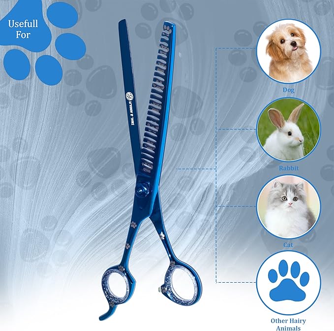 Professional Dog Grooming Chunker Shears/Scissors with Paw Prints for Dogs, Cats & Pets (Right Handed, Blue, Stainless Steel 8 Inch)