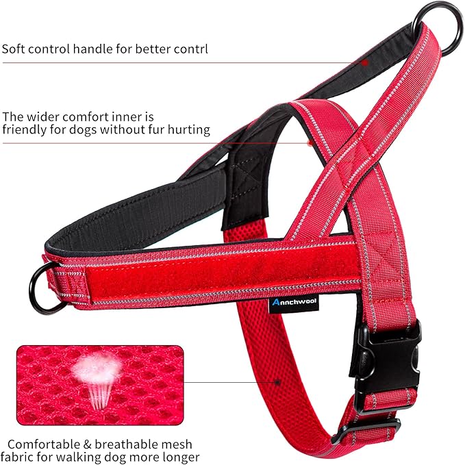 Annchwool No Pull Dog Harness with Padded Handle+5 Ft Leash,Reflective Strip Escape Proof and Quick Fit to Adjust Dog Harness,Easy for Training Walking for Small & Medium and Large Dog(Red-Set,S)