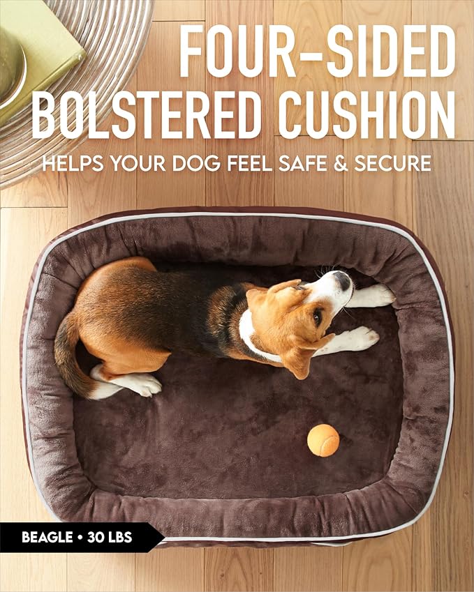 OhGeni Orthopedic Dog Bed for Large Dogs, Dog Couch Design with Egg Foam Support, Removable, Machine Washable Plush Cover and Non-Slip Bottom with Four Sided Bolster Cushion (Brown)