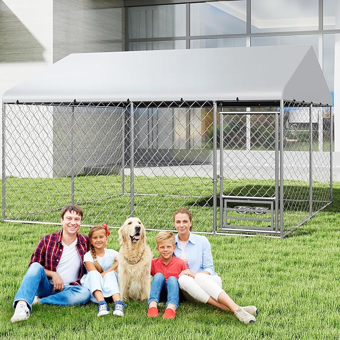 XL Outside Dog Kennel 10x10 ft - Outside Dog Kennel with Roof, Covered Kennels with with Feeding Door, Outdoor Dog Enclosure with Thickened Roof