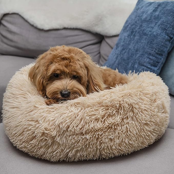 Small Dog Bed Calming Dogs Bed for Small Medium Large Dogs Anti-Anxiety Puppy Bed Machine Washable Warming Cozy Soft Pet Round Bed Fits up to 10-100 lbs (Small (Pack of 1), Beige)