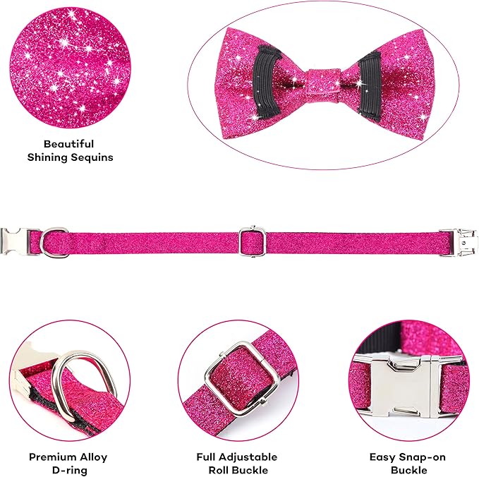Bling Bow Tie Dog Collar and Leash Set, Cute Pink Girl Dog Collar with 5ft Leash for Small Medium Dogs Daily Walking or Holiday Party (Hot Pink, Neck fit 11-16’’)